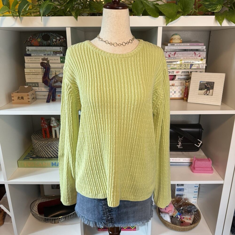 Vintage Talbots Size L Cotton Lime Green Cable Knit Logo Oversized Sweater